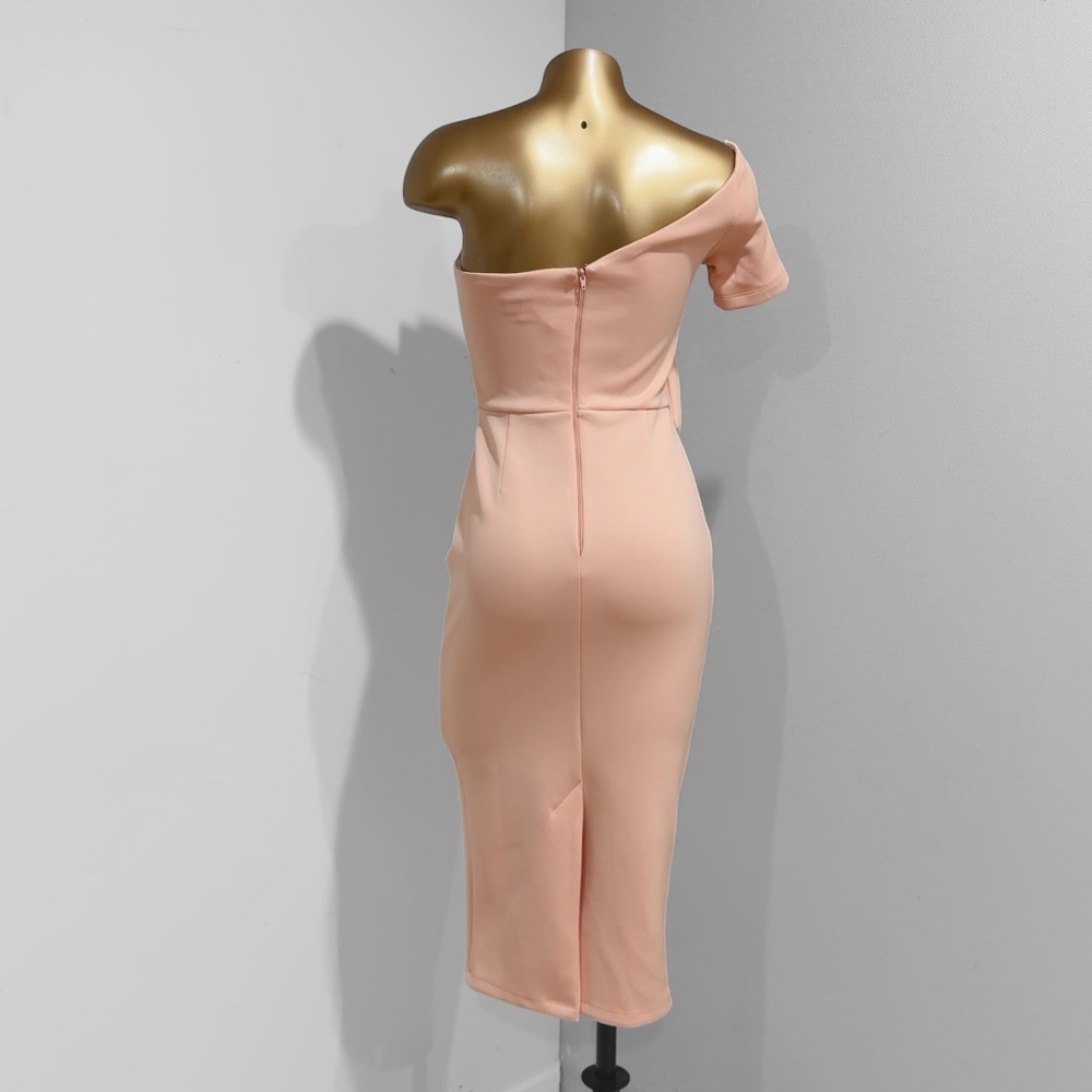 ASOS Design Peach/Pink Bow One Shoulder Scuba Formal Midi Dress Size 2 - Picture 3 of 7